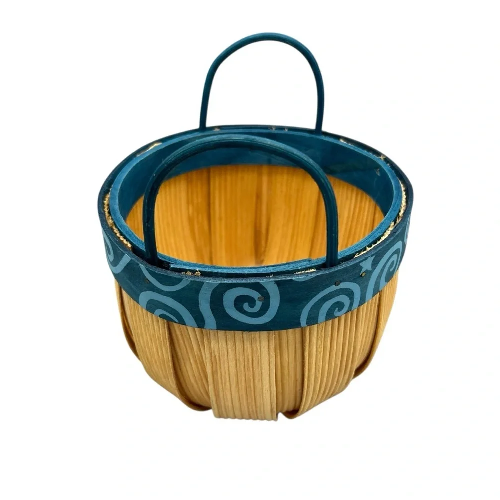 Rustic Blue Wooden Basket Small Handled Round Decorative Organizer Farmhouse